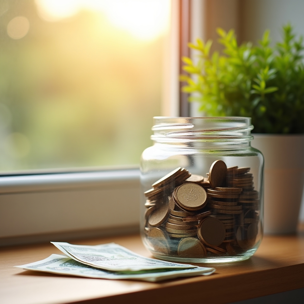 Słoik z monetami symbolizujący odkładanie na poduszkę finansową
